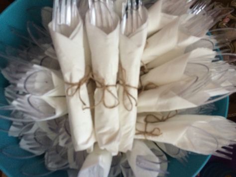 Utensils wrapped with twine Vintage party Wrapping Utensils In Napkins Party Ideas, Wedding Utensils, Wrapping Utensils In Napkins, Wrapped Silverware In Napkins Wedding, Napkin Utensil Wrap, Wrapped Utensils In Napkins For Wedding, Wedding Cutlery Wrapped, Napkin Wrapped Silverware, Wrapped Silverware