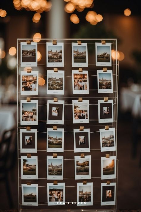 Guests' Polaroid cards hanging on a string display, showcasing candid moments and memories, highlighting Instax Mini wedding ideas. Mini Wedding Photos, Wedding Guest Book Ideas Photo Polaroid Pictures, Mini Polaroid Wedding Guest Book, Polaroid Hanging Ideas Wedding, How To Incorporate Pictures In A Wedding, Instax Mini Wedding Guest Book, Polaroid Guest Book Ideas, Polaroid Wedding Photos, Mini Wedding Ideas