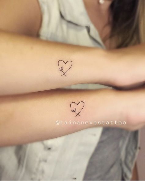 Tiny Matching Tattoos Mom And Daughter, Tiny Sister In Law Tattoos, Small Tattoos For New Beginnings, Simple Heart Tattoo Designs Ideas, Tiny Tattoo For Daughter, Sister Wrist Tattoos, Petite Tattoos For Women, Mom Daughter Matching Tattoos, Small Matching Tattoos Mom And Daughter