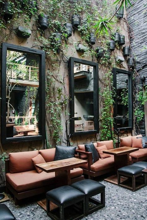 Beautiful leather dining sofa paired with some amazing black leather stools. Great restaurant furniture idea! Outdoor Restaurant Design, Coffee Shop Interior Design, Dining Sofa, Bar Interior Design, Cafe Shop Design, Coffee Shops Interior, Bar Interior, Coffee Shop Design, Bar Design Restaurant