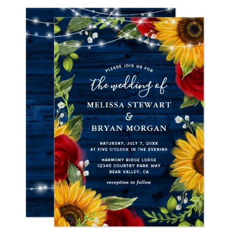 Sunflower Navy Blue Red Rose Rustic Wood Wedding Invitation Red Roses And Sunflowers, Rustic Wood Wedding Invitations, Wood Sunflower, Rustic Wood Wedding, Rustic Sunflower Wedding, Rustic Wedding Colors, Wood Wedding Invitations, Sunflower Wedding Invitations, String Lights Wedding