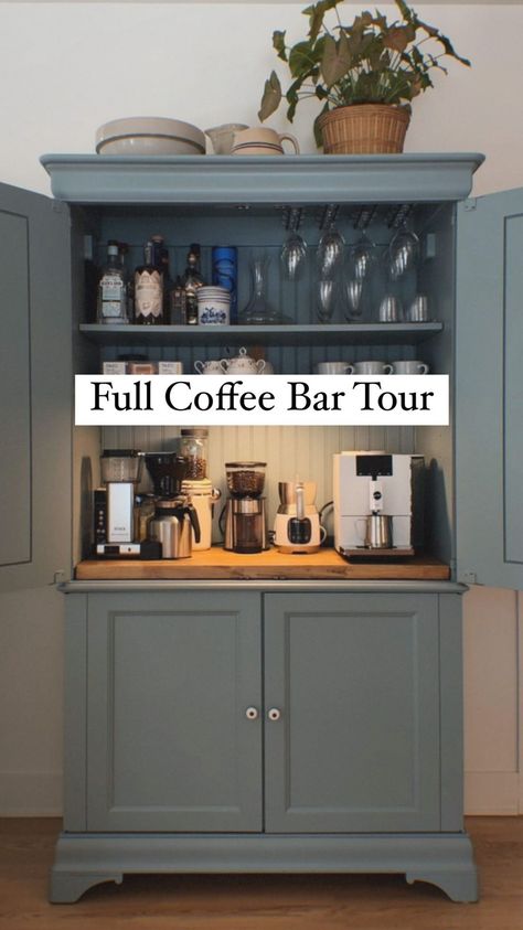 Coffee Bar Out Of Tv Cabinet, Tv Stand Turned Into Coffee Bar, Kitchen Coffee And Wine Bar, Coffee Dresser Bar, Tv Cabinet Coffee Bar, Tea Bar In Bedroom, Coffee Bar Cabinet Diy, Pantry Turned Coffee Bar, Standalone Coffee Bar