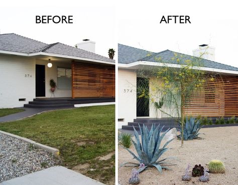 before-and-after-front-yard-succulents-gardenista Basic Front Yard Landscaping, Before And After Landscaping Front Yard, Mid Century Modern Curb Appeal, Modern Landscaping Front Yard, Rental Upgrades, Porch Privacy, Brooklyn Backyard, Outdoor Vibes, Front Lawn Landscaping