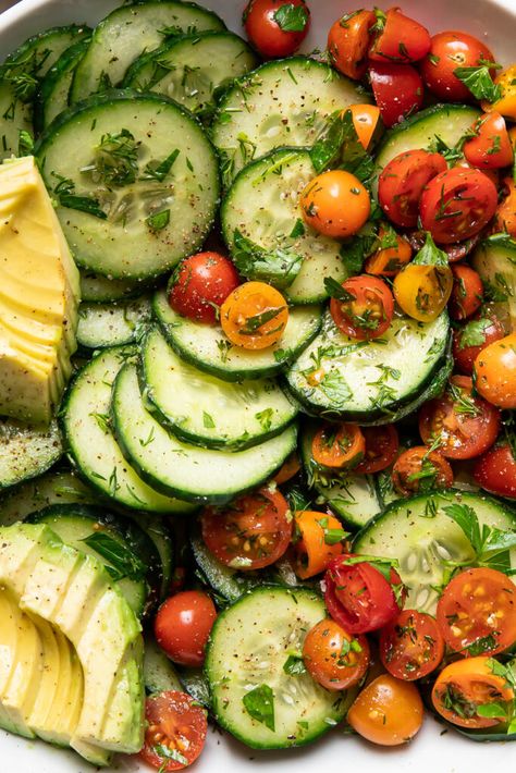 20 Minute Cucumber Avocado Salad With Fresh Herbs - Modern Crumb Greek Cucumber, Cucumber And Tomato Salad, Cucumber And Tomato, Recipes Greek, Plats Healthy, Tomato Salad Recipes, Leafy Green Salads, Cucumber Tomato Salad, Makanan Diet