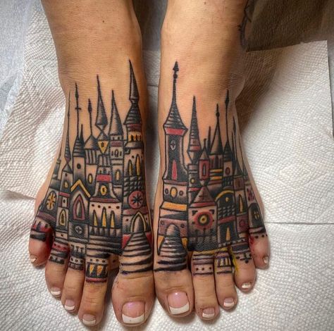 Old School Traditional, Castle Tattoo, Old But Gold, Traditional Tattoo Sleeve, Traditional Tattoo Flash, Traditional Tattoos, Tattoo Parlors, Foot Tattoo, Foot Tattoos