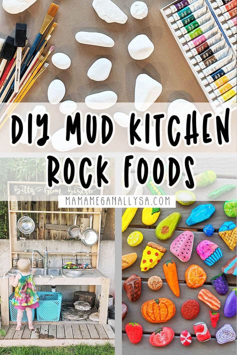 a classic summer craft with a fun food theme painted rocks make the perfect mud kitchen food! Mud Kitchen Birthday Party, Mud Kitchen Stone Food, Dollar Tree Mud Kitchen, Mud Kitchen Ideas Eyfs, Upcycle Mud Kitchen, Mini Mud Kitchen, Kids Mud Kitchen Ideas, Outdoor Play Kitchen Ideas, Rock Play Food