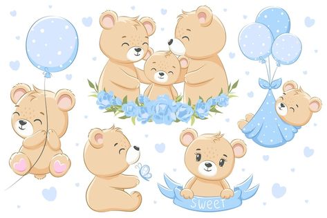 Premium Vector | A collection of cute family bears, for boys. flowers, balloons and hearts. cartoon vector illustration. Boy Clipart, Baby Shower Clipart, Star Illustration, Bear Character, Bear Clipart, Little Bear, Anime Baby