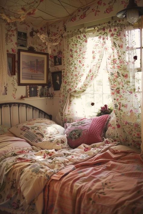 amanda liu bedroom visual/inspiration Cute Cottagecore Room Decor, Girly Cabin Decor, Pink Grandmacore Bedroom, Cottage Core Pink Bedroom, Whimsical Pink Bedroom, Grandmacore Apartment, Room Ideas Green And Pink, Vintage Girly Bedroom, Subtle Pink Room