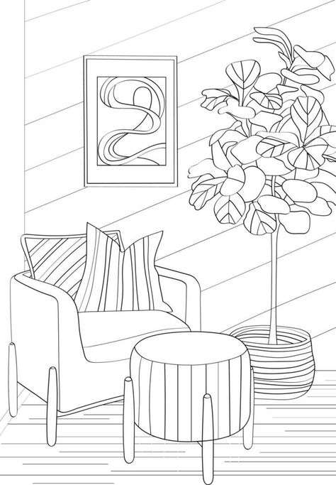 Design interior room. Vector illustration coloring antistress for adult in outline style. Interior Illustration Sketches, Coloring Pages For Ipad, Room Outline, Interior Design Coloring Pages, Room Vector Illustration, Interior Design Vector, Blue Drawings, Drawing Interior, Interior Room