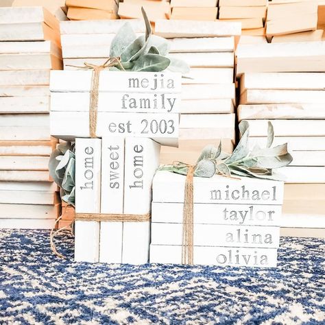 White Bookshelf Decor, Stamped Books, Farmhouse Books, Stacked Books, Wood Book, Farmhouse Boho, Book Stamp, Family Books, Family Names