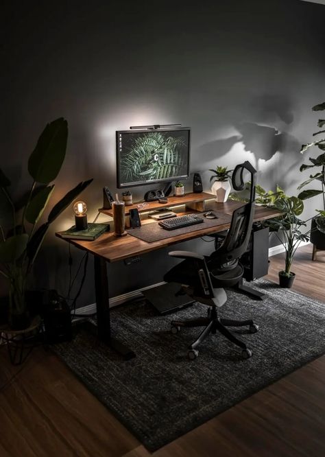 Dark Wood Gaming Setup, Dark Cozy Desk Setup, All Black Gaming Setup, Black Desk Setup, Masculine Desk, Large Wooden Desk, Wooden Study Desk, Desk Board, Dark Office