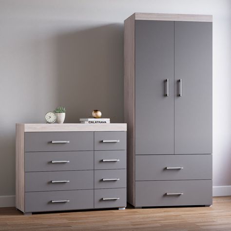 BASIC FREE eBay Template by Finest Design 2 Door Wardrobe & 4+4 Chest of Drawers in GREY & GREY OAK Bedroom Furniture 8 PERTH 2 Door 2 Drawer ... Check more at https://graysonchambers.co.uk/product/grey-grey-oak-2-door-wardrobe-44-chest-of-drawers-bedroom-furniture-8-set/ 4 Feet Wardrobe Design, Three Door Wardrobe Design Inside, Three Door Wardrobe Design, Flat Pack Homes, Double Closet Doors, Bedroom Organisation, Three Door Wardrobe, Grey Wardrobe, Oak Wardrobe