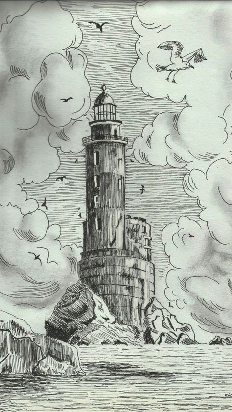 Mercusuar Drawing, Horizon Drawing Ideas, Light House Sketch, Beach Drawing Aesthetic, Light House Drawing Sketches, Horizon Sketch, Lighthouse Drawings, Seascape Drawing, Lighthouse Sketch