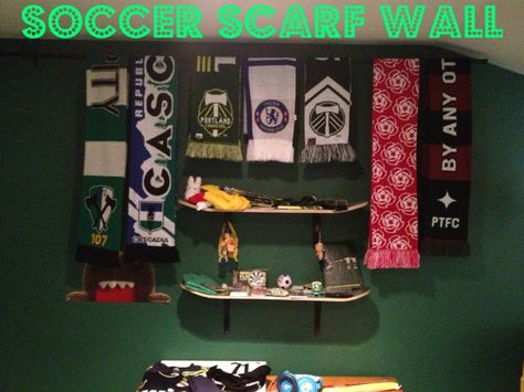 The Soccer Scarf Wall using nothing more than a leftover curtain rod. Soccer Scarf Display, Scarves Display, Music Man Cave, Classy Man Cave, Scarf Wall, Soccer Room, Soccer Scarf, Scarf Rack, Scarf Display