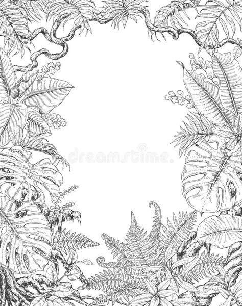 Tropisches Tattoo, Jungle Drawing, Black And White Coloring Pages, Plants Painting, Plant Sketches, Painting Black And White, Jungle Scene, White Drawing, Desenho Tattoo