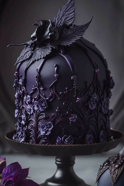 Goth Cake, Goth Cakes, Gothic Wedding Cake, Gothic Cake, Floral Cakes, Fantasy Cake, Black Wedding Cakes, Knot Tying, Purple Cakes