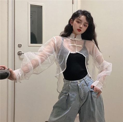 Sheer Shirt, Kpop Fashion Outfits, Belle Epoque, Kpop Fashion, Aesthetic Outfits, Classy Outfits, Stand Collar, Aesthetic Clothes, Pretty Outfits