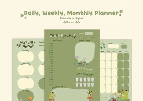 Frog Daily Planner, Weekly Planner, Monthly P Cute Daily Planner, Daily Planner Design, Date Activities, Digital Journaling, Kawaii Planner, Notes Ideas, Bujo Ideas, Monthly Planner Printable, Custom Planner