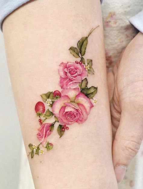 98 Tattoo, Colorful Rose Tattoos, Rose Vine Tattoos, Rip Tattoo, Colored Tattoo Design, Pink Rose Tattoos, Flower Tattoo Ideas, Rose Tattoos For Women, Cool Wrist Tattoos