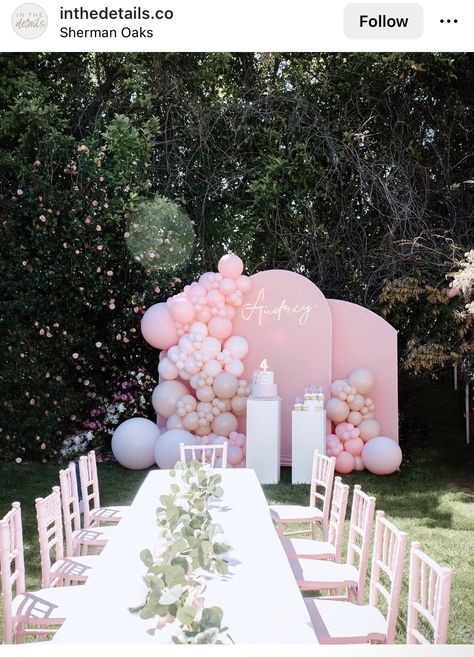 Pink Ballons Decoration Birthday, Coquette Birthday Backdrop, Blush Pink Baby Shower Ideas, Coquette Themed Party, Coquette Baby Shower Theme, 15th Birthday Decorations, Backyard Baby Showers, Paris Baby Shower, Graduation Party Backdrops