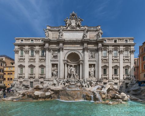 Toss a coin into the Trevi Fountain, which depicts classical figures in sumptuous detail. This example of late Baroque, or almost even Rococo, architecture, is lighter in many ways. It's not as formal as earlier Roman Baroque architecture, as it conveys its grandeur less strictly with more free-flowing opulence. Classical Architecture Exterior, Architecture Cool, Architecture Baroque, The Trevi Fountain, Architecture Antique, Famous Architecture, Roman Architecture, Famous Buildings, Trevi Fountain