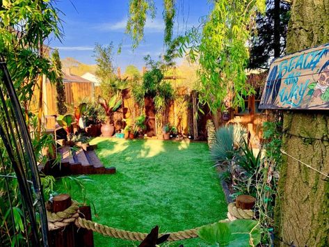 Devoted husband spent two years and £35K turning garden into tropical oasis for wife who couldn't go on holiday Tiki Garden, Eco Garden, Disabled Dog, Jungle Theme Birthday, Tiki Decor, Tiki Bar Decor, Tropical Backyard, Enchanted Tiki Room, Tiki Hut