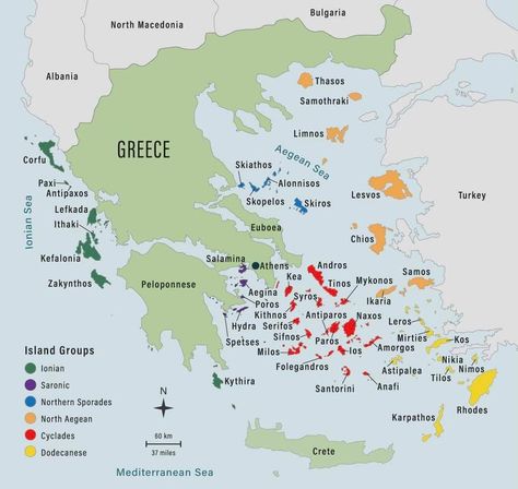 Matt Barrett's Greece Travel Guide | Matt, this a clear map showing the different island groups of Greece. Greek Islands Map, Map Of Greece, Greece Map, Thasos, Amazing Maps, Greece Travel Guide, Skiathos, Island Map, Ancient Maps