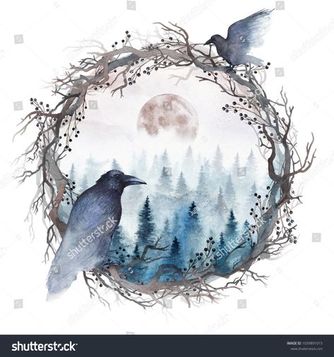 A foggy spruce forest with rising full moon inside of a wreath of bare branches with two black ravens. Watercolor illustration isolated on white. Ravens Wreath, Spruce Forest, Crows And Ravens, Raven Tattoo, Black Raven, Winter Nature, Black Crow, Crows Ravens, 1 Tattoo