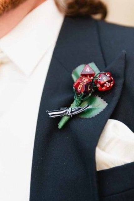 a creative wedding boutonniere of silk leaves, red dices and a striped bow is a fun idea for a groom who loves to play Gamer Wedding, Nerd Wedding, Geeky Wedding, Nerdy Wedding, Geek Wedding, Halloween Fest, Fantasy Wedding, Future Wedding Plans, Halloween Wedding