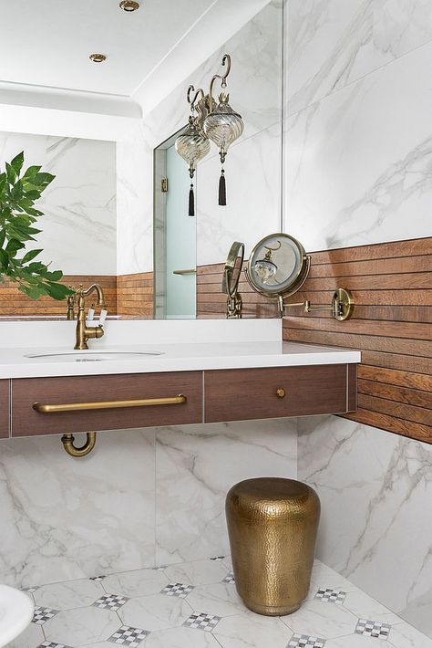 Changing the faucets and cabinet handles is the easiest way to enliven the bathroom - Decoist Striped Accent Walls, Monochromatic Bathroom, Commercial Bathroom Designs, Joy Aesthetic, Industrial Crafts, Romantic Industrial, White Bathrooms, All White Bathroom, Beautiful Bathtubs