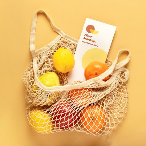 Flyer mockup in a reusable net bag with fruits | premium image by rawpixel.com / KUTTHALEEYO Plastic Bag Design, Blank Tote Bag, Bamboo Background, Menu Mockup, Travel Utensils, Paper Bag Design, Fruit Bag, Flyer Mockup, Image Paper