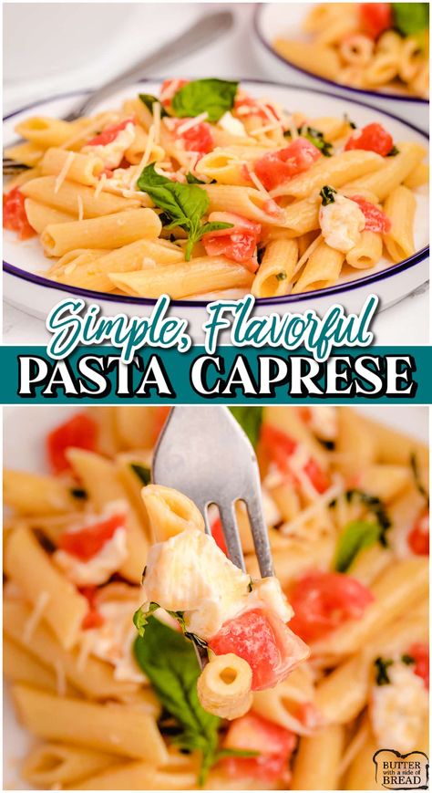 Pasta Caprese is a flavorful, light dinner recipe perfect for weeknights! Quick & easy meatless meal with fantastic fresh flavors from the tomatoes, mozzarella & basil! Fresh Mozzarella Recipe, Meatless Dishes, Casserole Side Dishes, Mozzarella Pasta, Tomatoes Mozzarella, Light Dinner Recipes, Meatless Meal, Caprese Pasta, Mozzarella Recipes