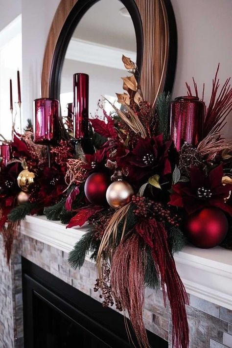 Burgundy Christmas Table Decor, Christmas Candelabra Ideas, Christmas Mantle Ideas, Diy Vase Decor, Christmas Candelabra, Christmas Burgundy, Burgundy Christmas, Christmas Mantles, Christmas Religious