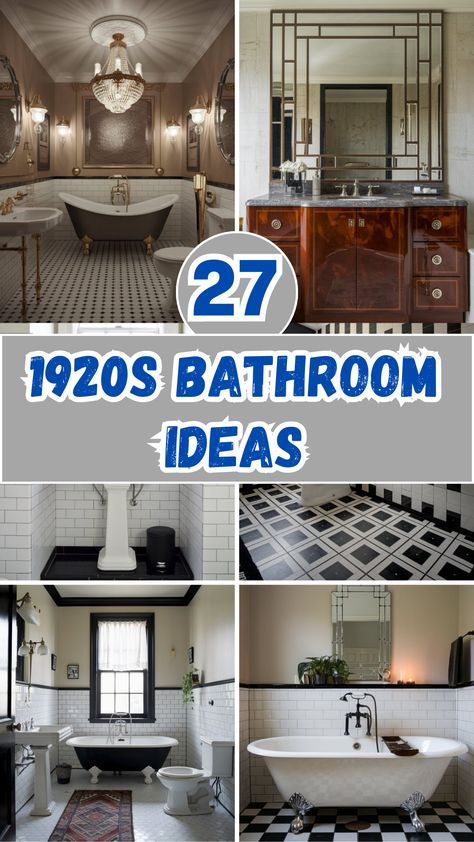 27 Stylish 1920s Bathroom Ideas – The DIY Desire Vintage Vanities Bathroom, Tall Bathroom Ideas, 1920’s Inspired Bathrooms, German Bathroom Design, Art Deco Bathroom Tile Ideas, Hollywood Glamour Bathroom, Old Style Bathroom Ideas, 1920 House Interior Ideas Vintage, French Chic Bathroom