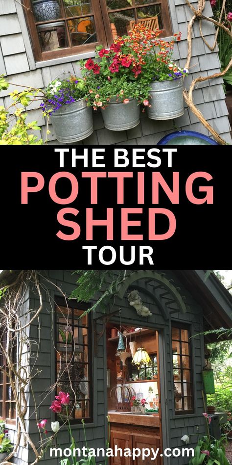 THE BEST Cottage Garden Potting Shed Tour | Montana Happy Potting Shed Interior Ideas, Garden Shed Exterior Ideas, Potting Sheds Exterior, Small Potting Shed, Garden Potting Shed, Shed Exterior Ideas, Oasis Garden, Gardens Backyard, Log Shed