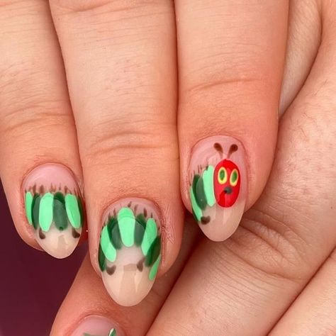 Gabby (Nail Artist) on Instagram: "The very hungry caterpillar 🐛🍎" Hungry Caterpillar Nails, Caterpillar Nails, Funky Tights, Nail Vibes, The Very Hungry Caterpillar, Design Nails, Nail Jewelry, Very Hungry Caterpillar, Very Hungry