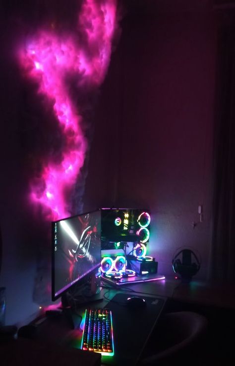 Gaming desk idea. Rgb Cloud, Gaming Computer Room, Sound Bar Mount, Desk Idea, Cloud Ceiling, Creative Desks, Messy Desk, Rgb Lights, Cable Management System