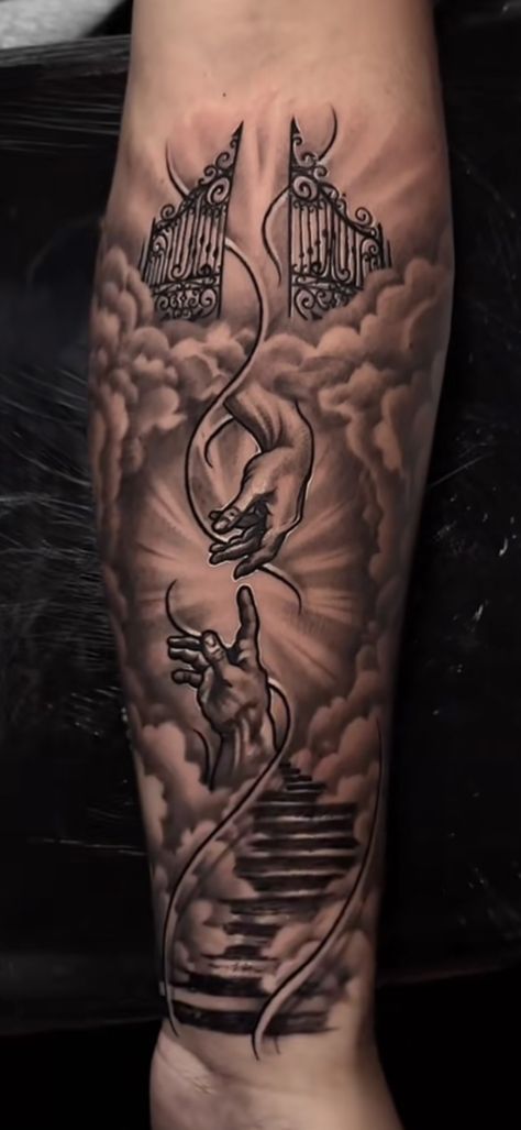 Stairway To Heaven Tattoo Forearm, Stairway To Heaven Tattoo Stencil, Honesty Tattoo Ideas, Heavens Gate Tattoo, Mens Tattoo Quotes, Candle Light Tattoo, Heavens Gates Tattoo Design, Honesty Tattoo, Memorial Tattoo Sleeves