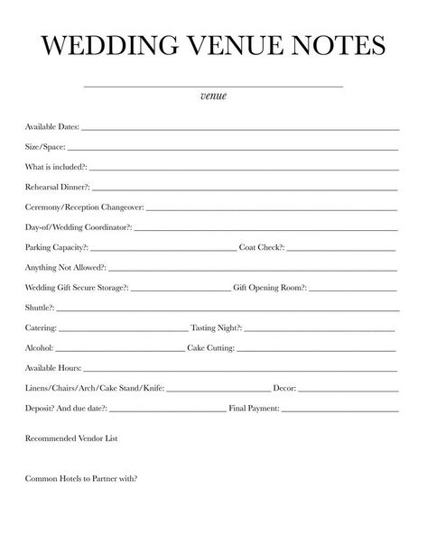 Conquer your wedding venue search with this downloadable, comprehensive worksheet! Print as many as you need to stay organized through every venue tour.  From available dates and space size to catering options and vendor recommendations, this two-page document helps you capture every essential detail.  Plus, a dedicated space for sketching the venue layout ensures you visualize the space perfectly.  Make informed decisions with ease. 
.#WeddingPlanning #BrideToBe #WeddingInspiration #EventPlanning #DreamWedding Wedding Planning Sheets, Wedding Planning Worksheets, Wedding Digital Planner, Wedding Planning Template Free Printable, Venue Comparison Worksheet, Wedding Binder Table Of Contents, Wedding Planning 101, Wedding Planning Printables Free, Wedding Documents