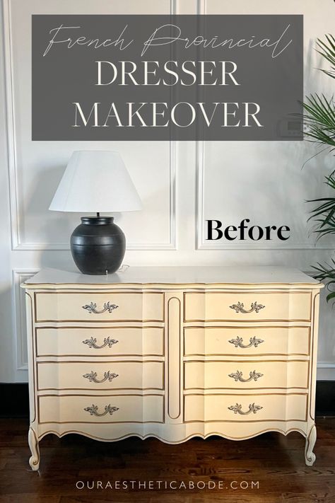 This furniture flip is perfect for beginners, and the best part is you can do it too! Dive into this easy dresser makeover project and create something truly extraordinary out of your old French Provincial dresser. Head to my blog for a beginner friendly tutorial! Vintage Dresser Decor Ideas, French Provincial Bedroom Makeover, French Provincial Dresser Makeover Ideas, Refurbished French Provincial Dresser, Diy Black Dresser, Diy Black Dresser Makeover, French Provincial Decor Bedroom, French Provincial Furniture Makeover, Black Dresser Makeover