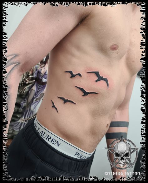 Flock Of Birds Tattoo Men, Side Belly Tattoo Men, Flock Of Birds Tattoo, Belly Tattoo Men, Mens Side Tattoos, Back Tattoos For Guys Upper, Bird Tattoo Ribs, Abdomen Tattoo, Small Rib Tattoos