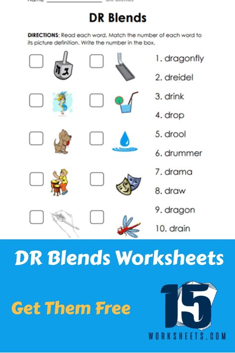 These free phonics worksheets were designed to help students learn and practice words that begin with the "dr" sound blend. Dr Blend Worksheet, Free Phonics Worksheets, Variant Vowels, Phonics Worksheets Free, Reading Comprehension For Kids, Letter Blends, Blends Worksheets, Sounding Out Words, Phonics Free