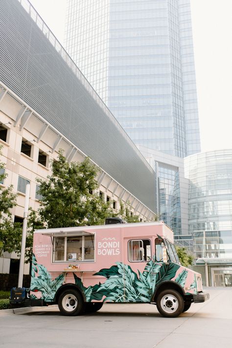 Pink food truck tropical agave smoothie bowls Bondi Bowls, Styled Shoot Ideas, Side Hussle, Downtown Okc, Cafe Vibes, Coffee Van, Photoshoot Summer, Pink Food, Acai Bowls