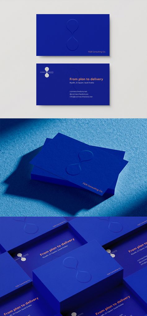 Daniel Ligero designed these business cards for Connect the Dots, a food and beverage consulting agency based in Riyadh, Saudi Arabia. #businesscards #branding #identity #graphicdesign #brandinspiration #branddesign #namecards #logo Finance Business Card Design, Royal Blue Business Card, Blue Visiting Cards Design, Agency Business Cards, Business Card Gallery, Unique Business Cards Design, Blue Business Card, Business Cards Layout, Visiting Card Design