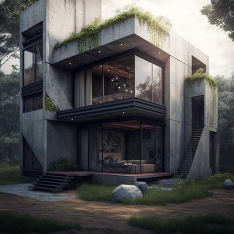 Create Your Space with Industrial Modern Home Design and Architecture • 333+ Images • [ArtFacade] Industrial Villa Design, Overgrown Modern House, Industrial House Exterior Architecture, Brutalist Exterior House, Brutalist Home Exterior, Brutalist Industrial Design, Industrial Modern House Exterior, Modern Industrial Exterior Design, Modern House Concept Art