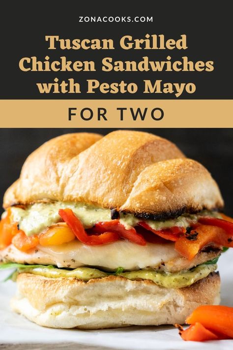 These Tuscan Grilled Chicken Sandwiches feature seasoned grilled chicken, provolone cheese, baby spinach leaves, roasted red peppers, and pesto mayo on Ciabatta rolls or sandwich buns. This recipe makes a great lunch, dinner or impressive romantic date night meal for two. Roasted Red Pepper Chicken Sandwich, Grilled Chicken Roasted Red Pepper Sandwich, Tuscan Chicken Sandwich, Sandwiches With Roasted Red Peppers, Roasted Chicken Sandwich Recipes, Grilled Chicken Ciabatta Sandwich, Roast Chicken Sandwich, Ciabatta Sandwich Recipes, Grilled Chicken Sandwich Recipes