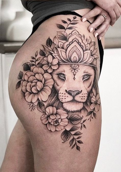 Mid Leg Tattoo, Leo Thigh Tattoo Women, Lion Thigh Tattoo Women, Been Tattoo, Bum Tattoo Women, Mandala Hip Tattoo, Lion Tattoo On Thigh, Back Of Leg Tattoos, Wrist Tattoo Cover Up