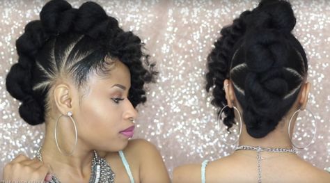 Bun-hawk updo | 17 Gorgeous YouTube Tutorials That Are Perfect For People With 4C Hair Bun Hawk, Updo Natural Hair, Afrocentric Hairstyles, Feeder Braids, Black Natural Hair Care, Transitioning Hairstyles, Twisted Updo, Natural Hairstyle, Natural Hair Tutorials