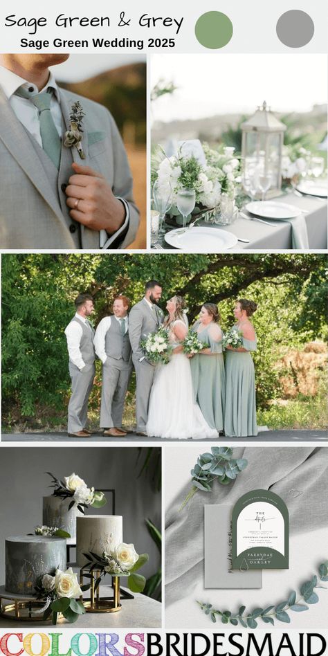 Top 8 Sage Green Wedding Colors for 2025 That Are Dreamy - ColorsBridesmaid Sage Green Wedding Cake, Sage Green Wedding Theme, Sage Green Bridesmaid Dresses, Grey Wedding Theme, Sage Green Bridesmaid, Sage Green Wedding Colors, Sage Green Tie, Green Wedding Cake, White Weddings Reception