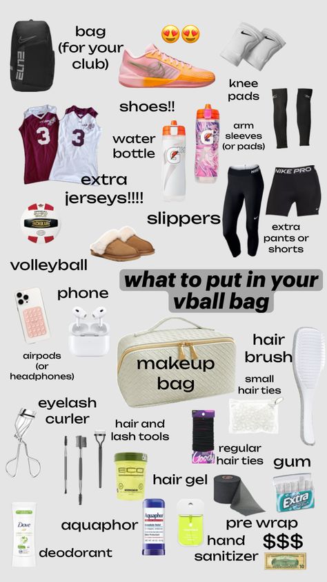 what to pack in you vball bag !! Sport Bag Essentials, What To Keep In Gym Bag, What To Pack In Your Volleyball Bag, Gym Bag Checklist Women, What To Bring To The Gym, What's In My Gym Bag, Track Bag Essentials, What To Pack In My Basketball Bag, What To Put In Your Volleyball Bag